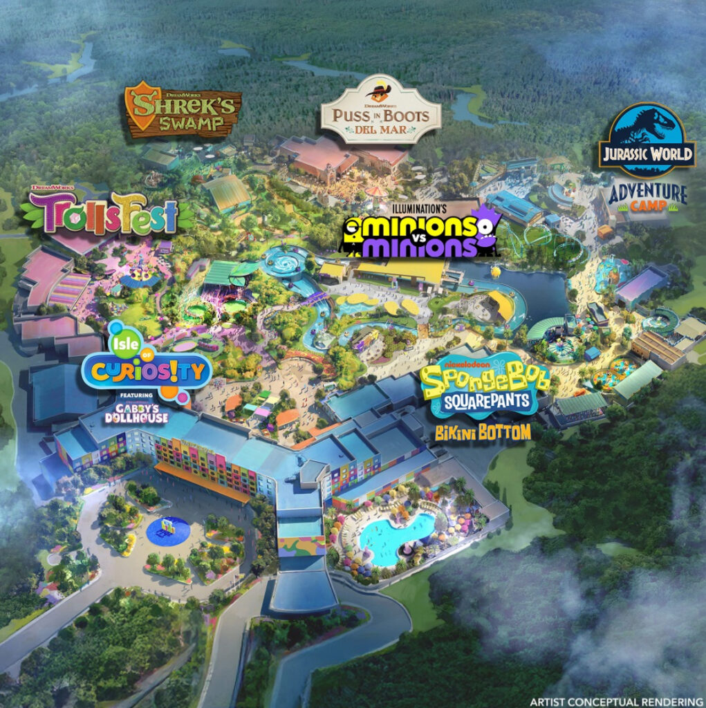 Rendering of Universal Kids Resort in Frisco, Texas, featuring themed attractions inspired by Shrek, SpongeBob SquarePants, Minions, Jurassic World, Trolls, and Gabby's Dollhouse.